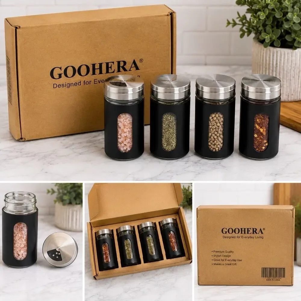 GOOHERA 4 Pc Glass Spice Jar Set Black Stainless Steel Shaker Lids Open Box